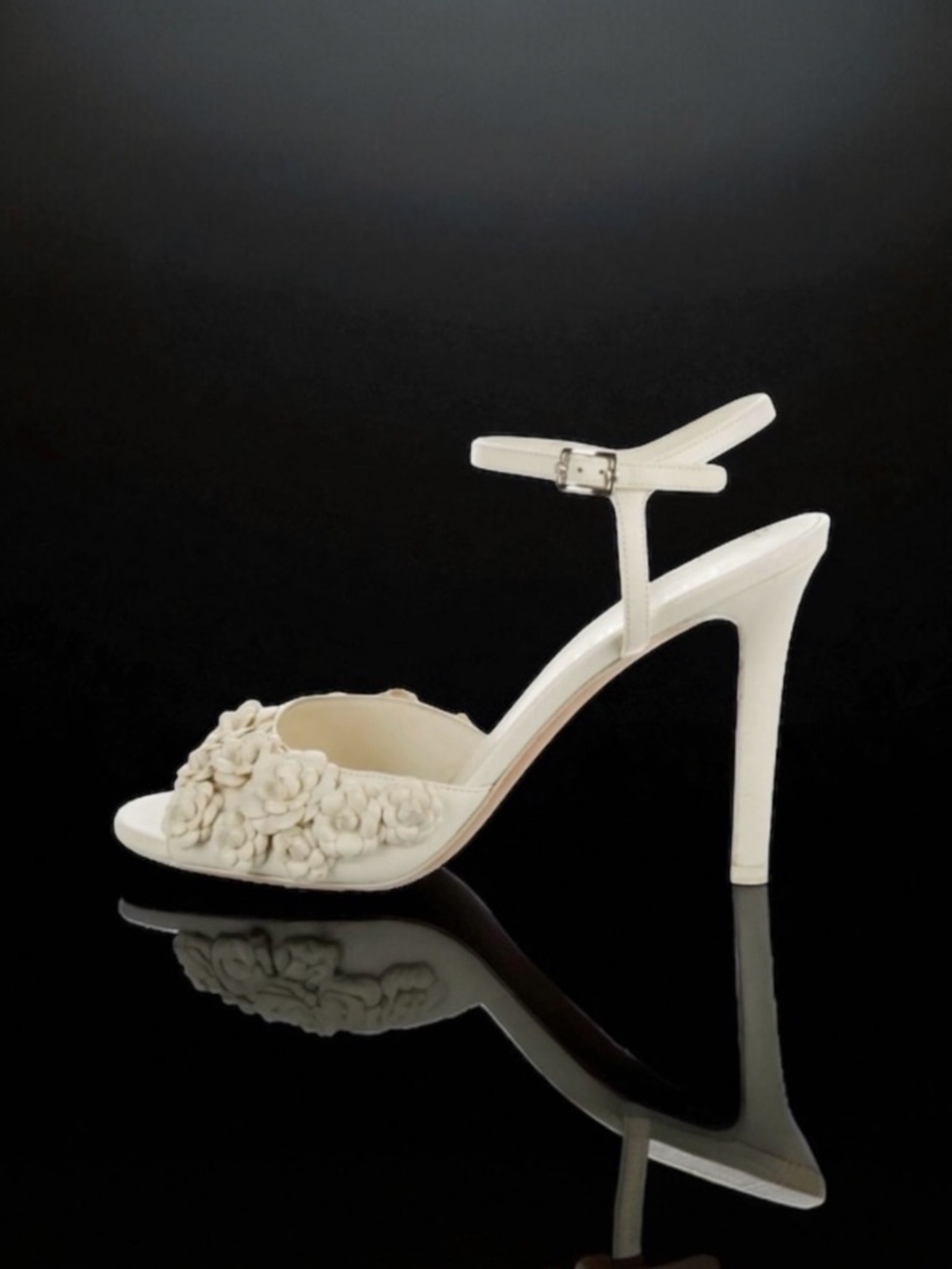CHANEL Camellia Ankle Strap Interlocking CC Logo Lambskin Leather Heels 38.5